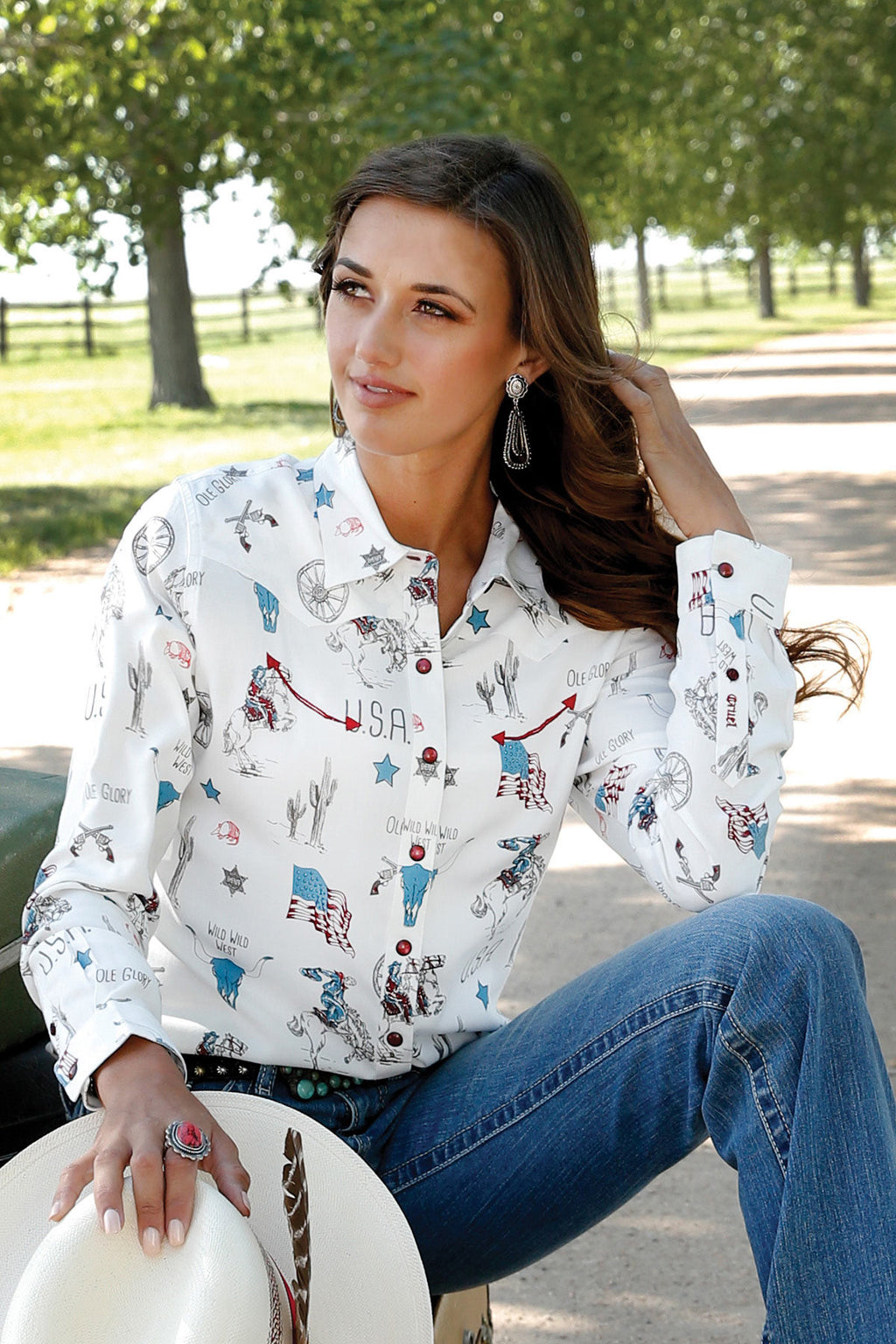 CRUEL GIRL Women's White L/S Print Western Button Down Shirt