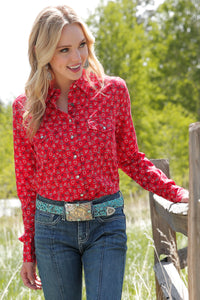 CRUEL GIRL Women's Red L/S Printed Western Shirt