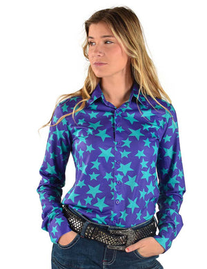 COWGIRL TUFF Women's Purple and Turquoise Stars Mid-weight Stretch Jersey Pullover Button-Up