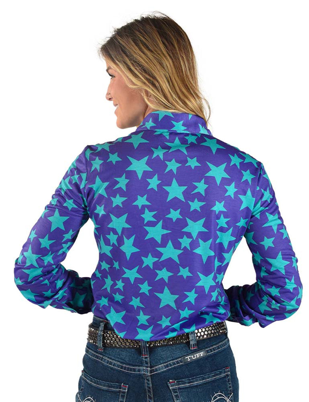 COWGIRL TUFF Women's Purple and Turquoise Stars Mid-weight Stretch Jersey Pullover Button-Up