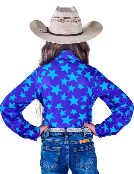 COWGIRL TUFF Girl's Purple and Turquoise Stars Stretch Pullover Button-Up