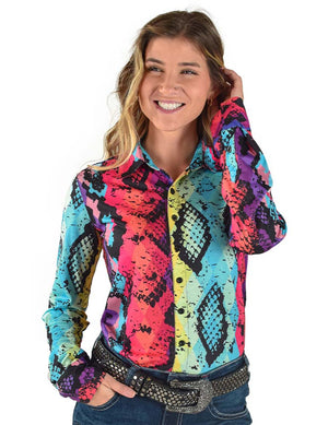 COWGIRL TUFF Women's Colorful Snakeskin Mid-weight Stretch Jersey Pullover Button-Up