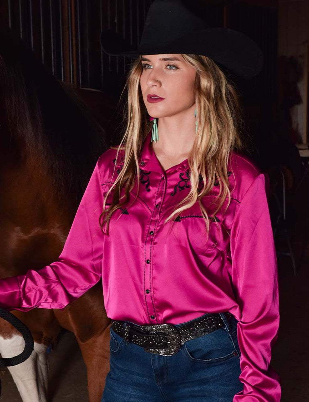 COWGIRL TUFF Women's Pink Lightweight Stretch Satin with black embroidery accents Pullover Button-Up