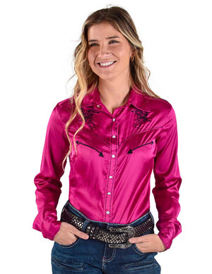 COWGIRL TUFF Women's Pink Lightweight Stretch Satin with black embroidery accents Pullover Button-Up