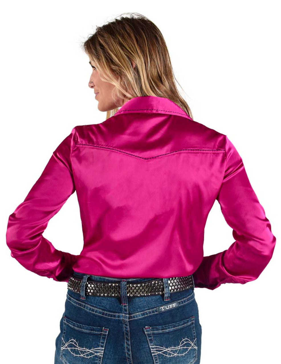 COWGIRL TUFF Women's Pink Lightweight Stretch Satin with black embroidery accents Pullover Button-Up