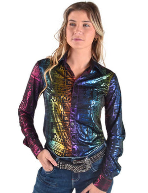 COWGIRL TUFF Foil Fashion Print Mid-weight Jersey Pullover Button-Up