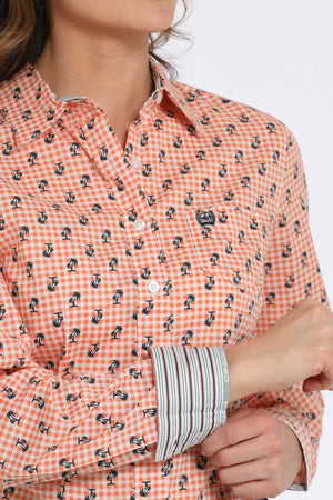 CINCH Women's Orange L/S Print Western Button-Down Shirt