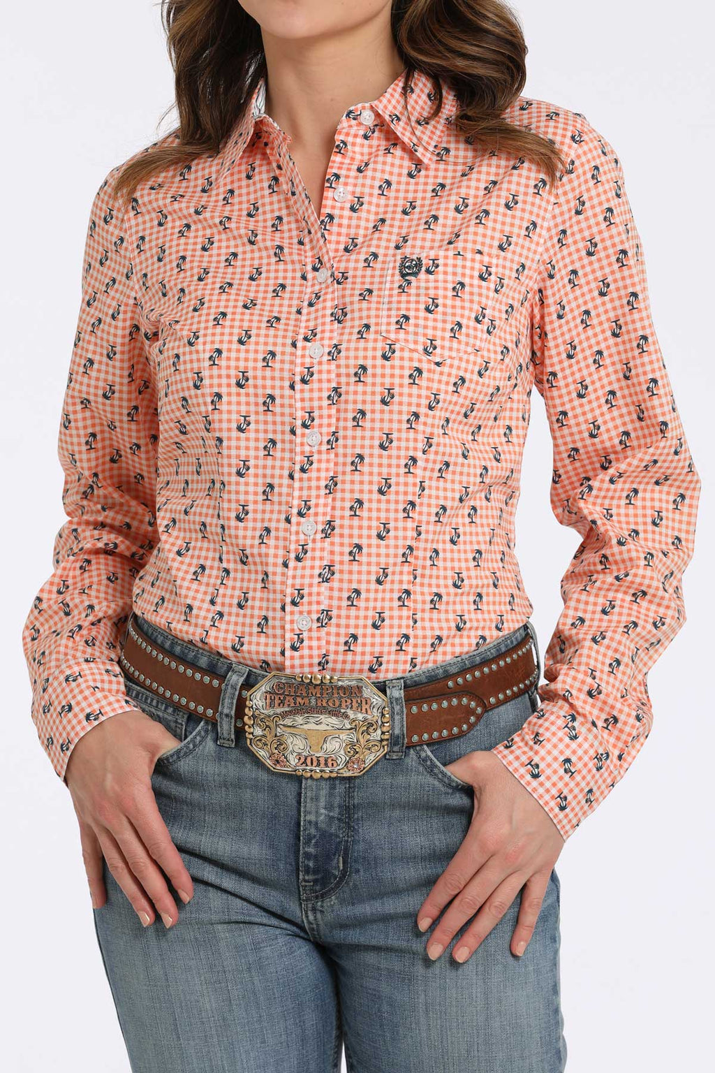 CINCH Women's Orange L/S Print Western Button-Down Shirt