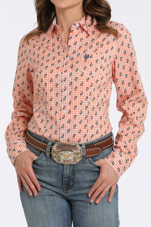 CINCH Women's Orange L/S Print Western Button-Down Shirt