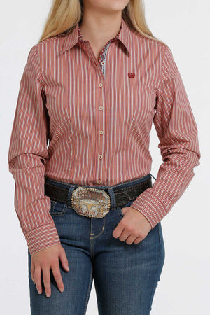 CINCH Women's Orange and Red Pinstripe Button-Down Western Shirt