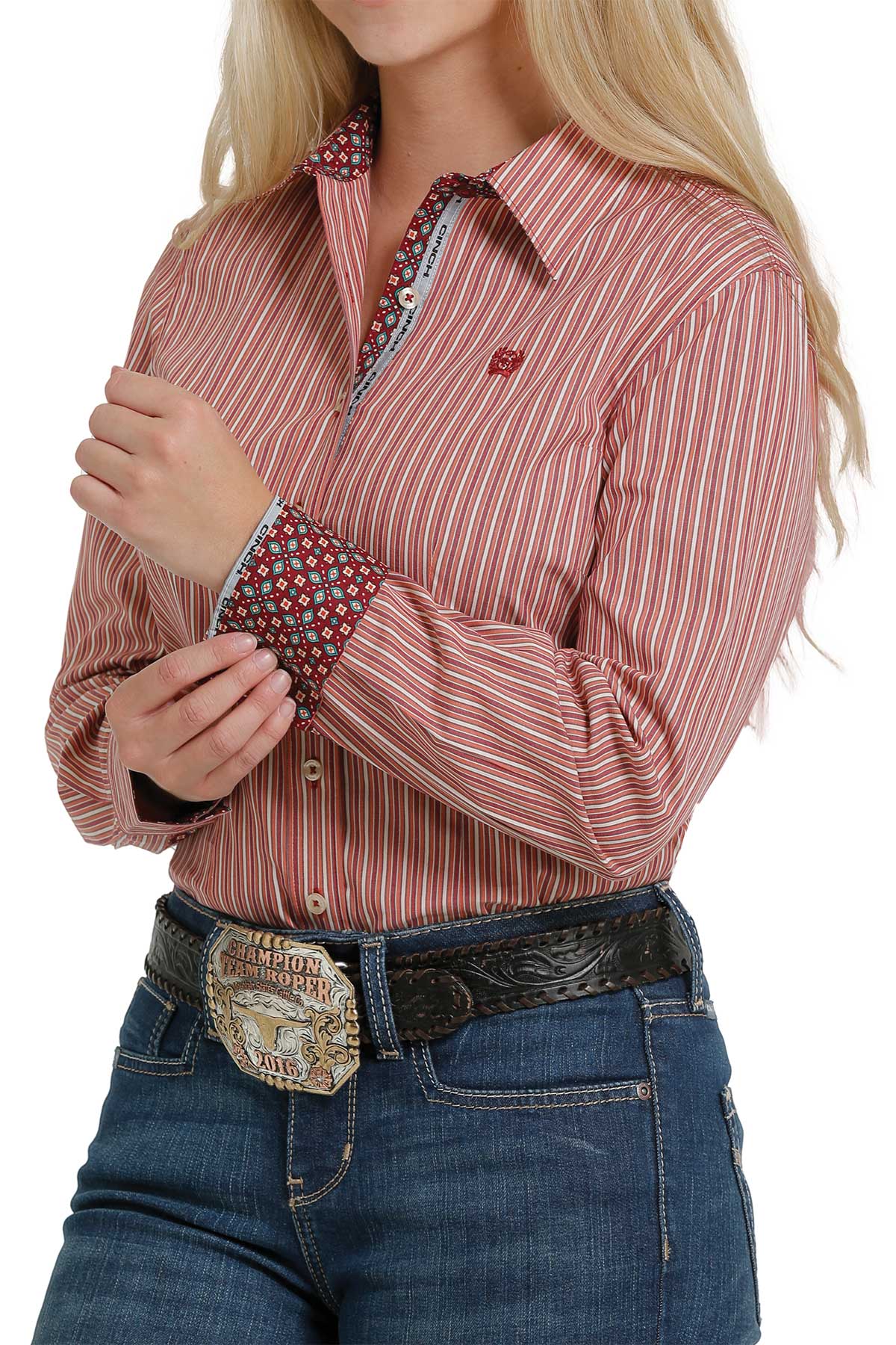 CINCH Women's Orange and Red Pinstripe Button-Down Western Shirt