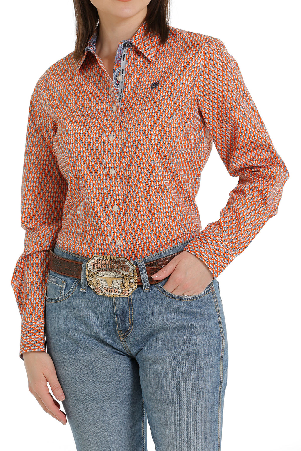 CINCH Women's Orange L/S Print Button-Down Western Shirt