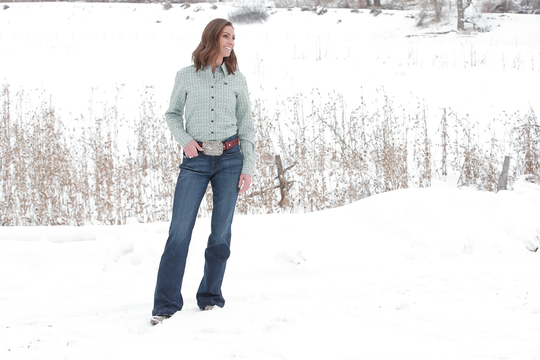 CINCH Women's Lime Green and Brown Button-Down Western Shirt