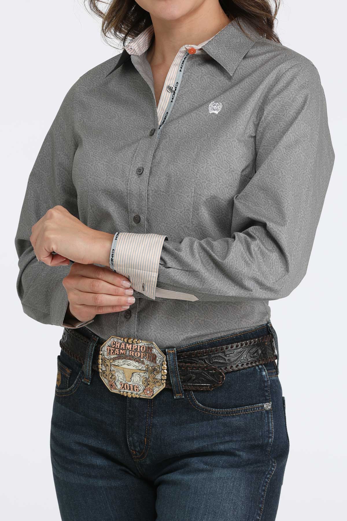CINCH Women's Long Sleeve Grey Button-Down Western Shirt