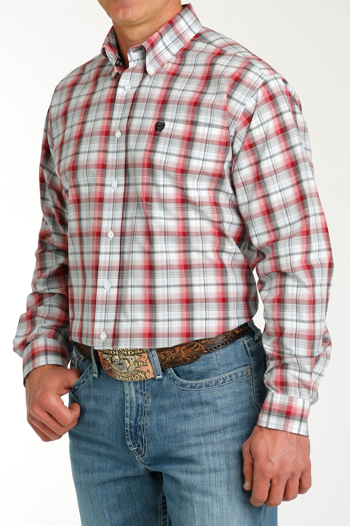 CINCH Men's Red and White Plaid Button-Down Western Shirt