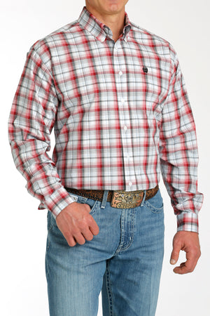 CINCH Men's Red and White Plaid Button-Down Western Shirt