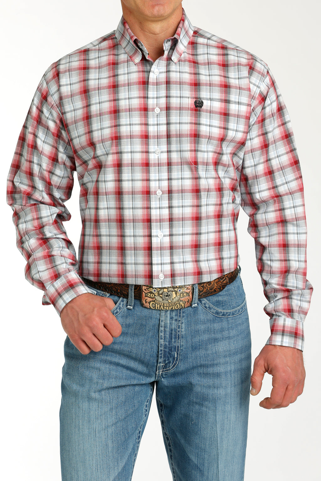 CINCH Men's Red and White Plaid Button-Down Western Shirt