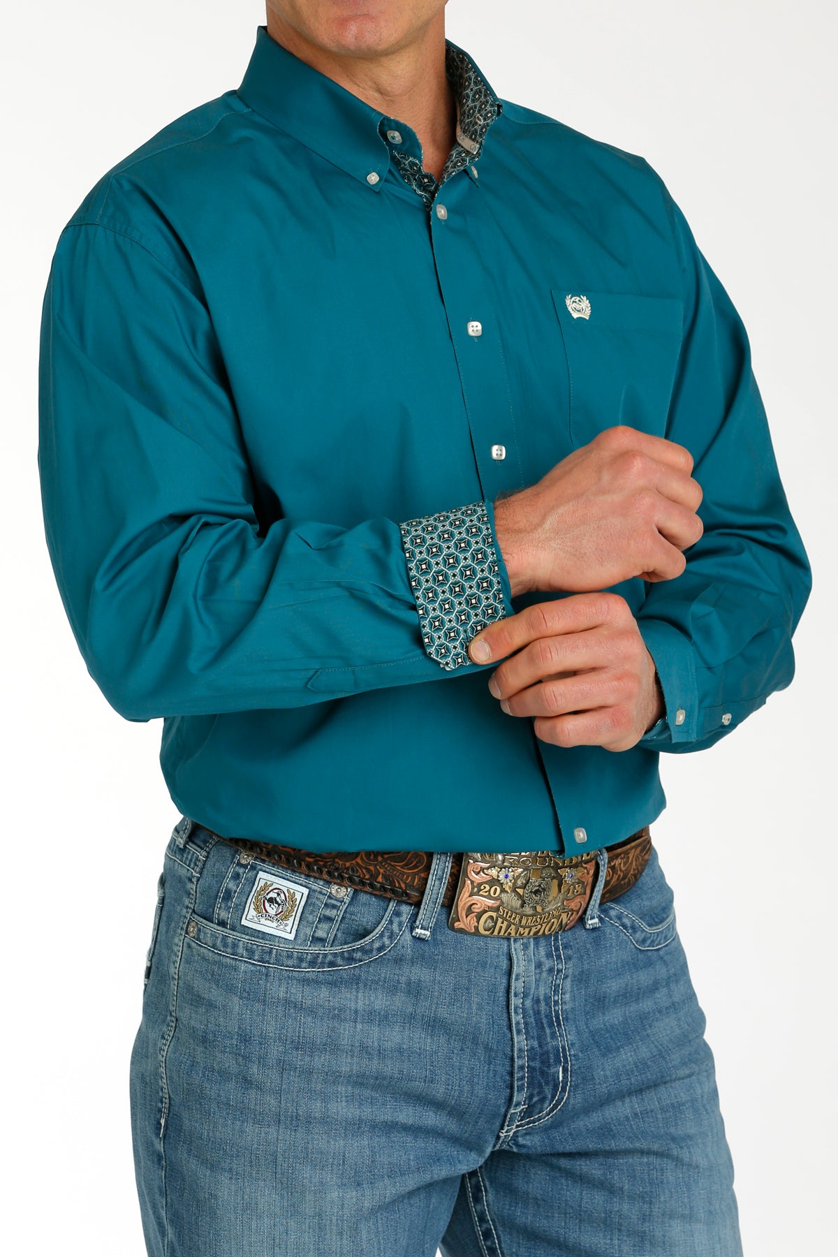 CINCH Men's Teal Solid Button-Down Western Shirt