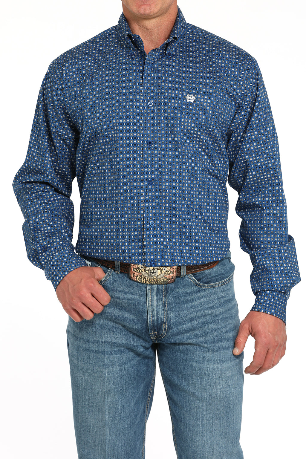 CINCH Men's Royal Blue Printed Button-Down Western Shirt