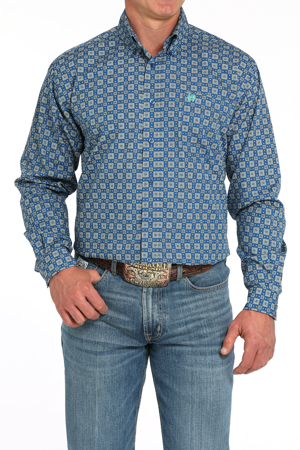 CINCH Men's Royal Blue Printed Button-Down Western Shirt