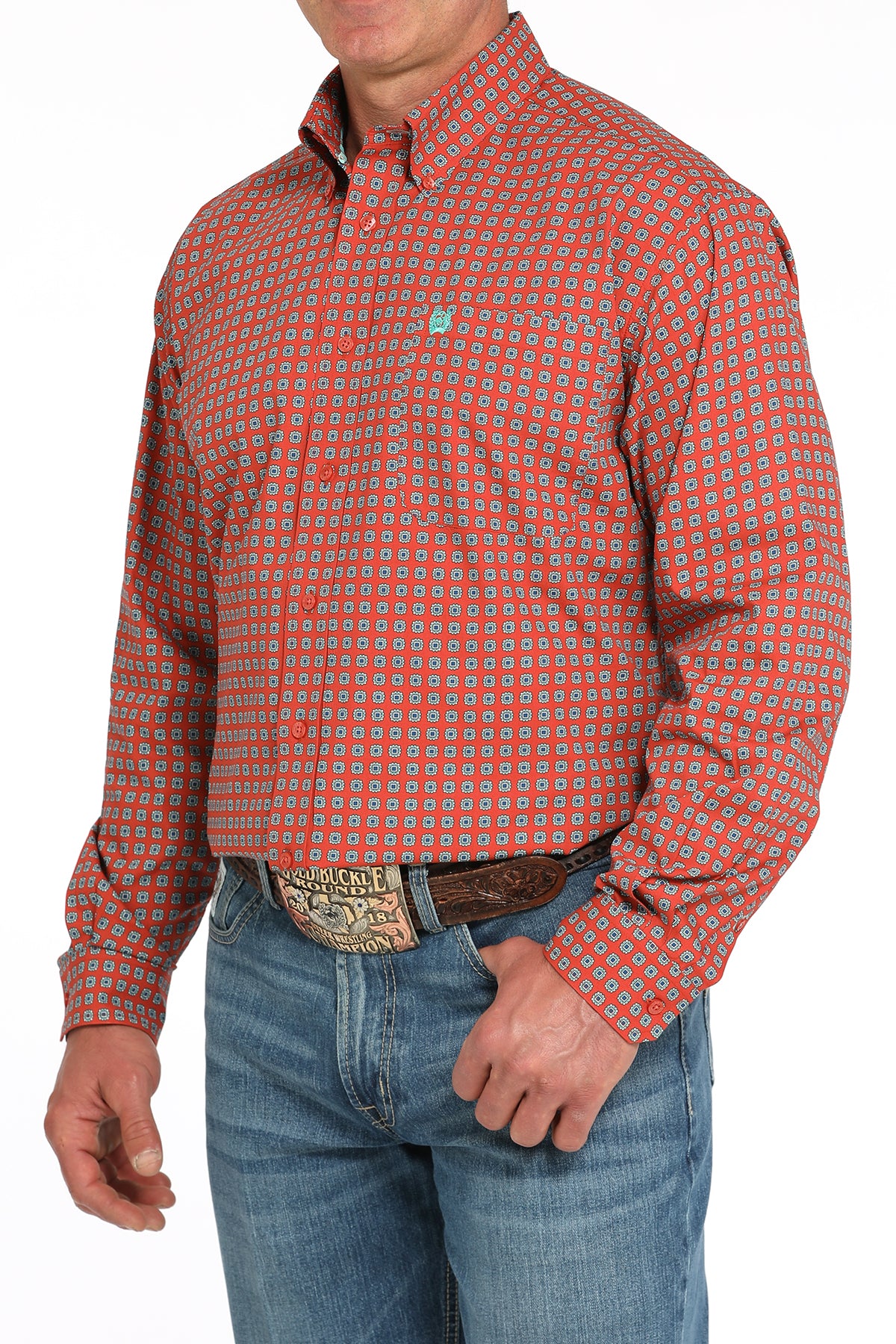 CINCH Men's Orange L/S Printed Button-Down Western Shirt