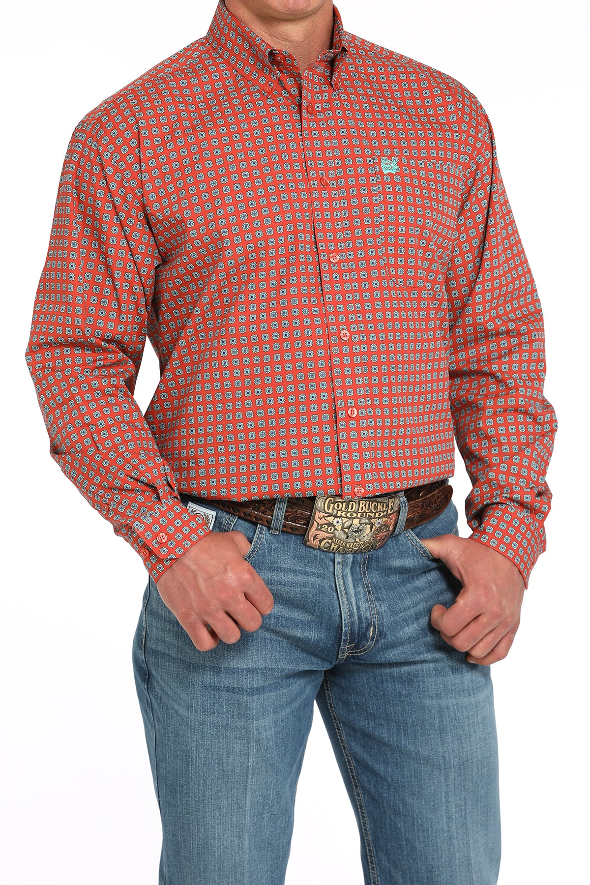 CINCH Men's Orange L/S Printed Button-Down Western Shirt