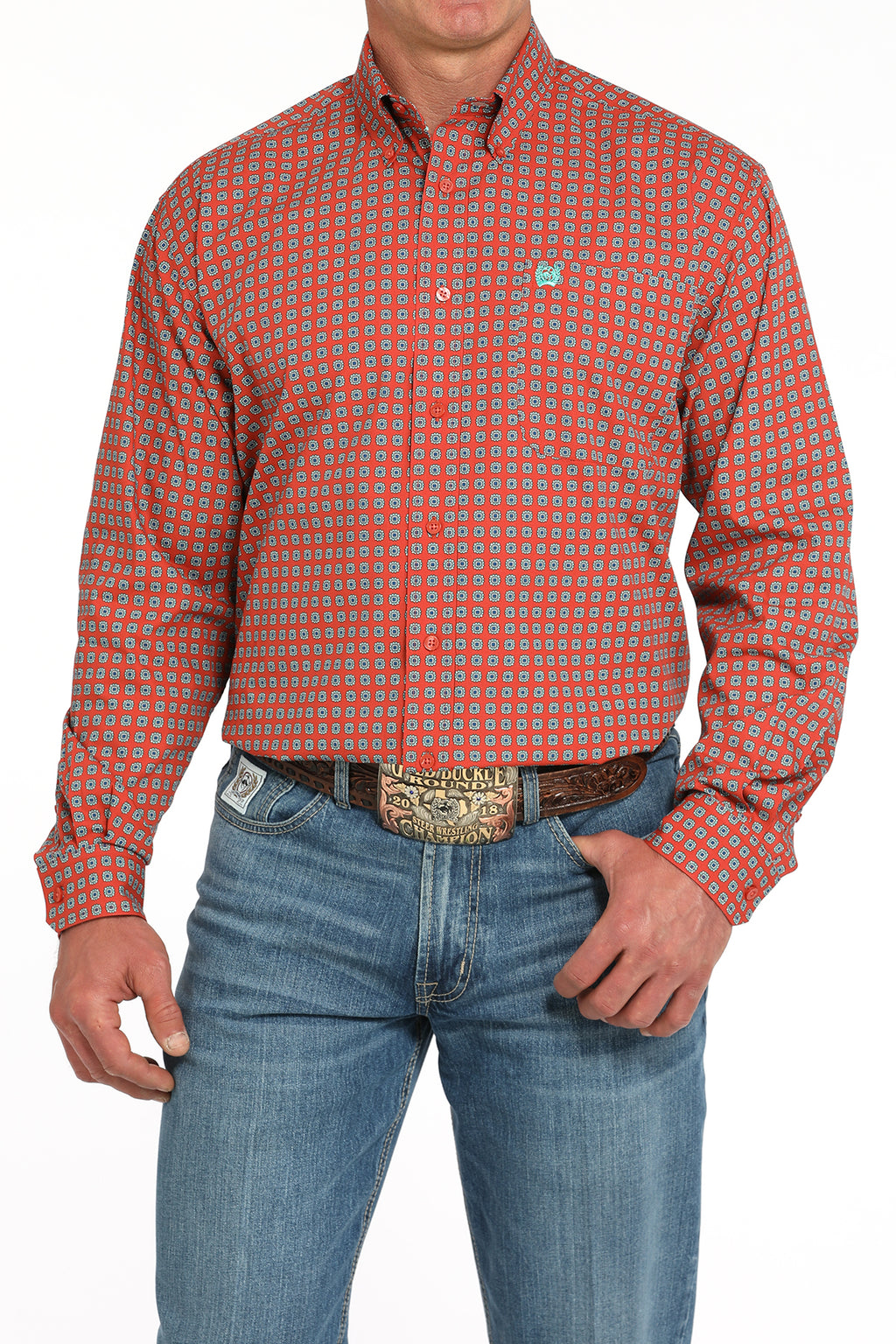 CINCH Men's Orange L/S Printed Button-Down Western Shirt