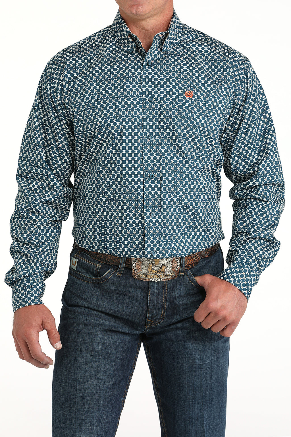 CINCH Men's Teal Print L/S Button-Down Western Shirt