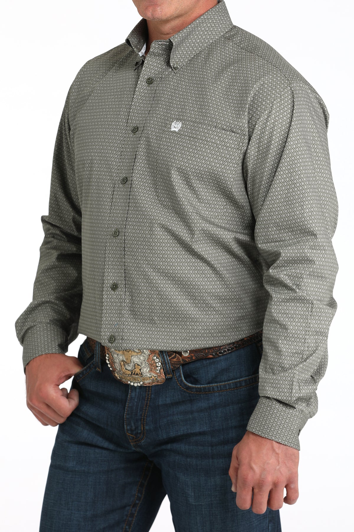 CINCH Men's Olive Print L/S Button-Down Western Shirt