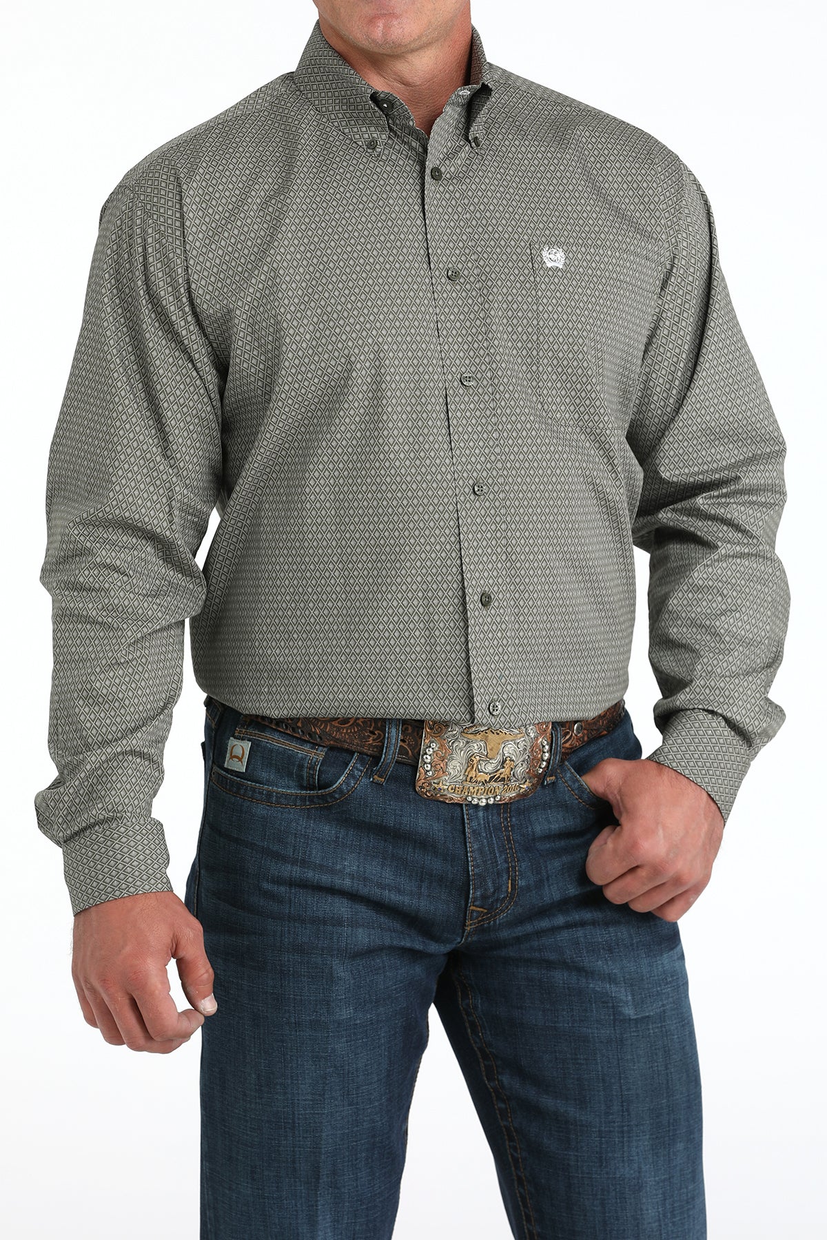 CINCH Men's Olive Print L/S Button-Down Western Shirt