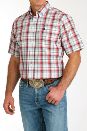 CINCH Men's Red and White Plaid Short Sleeve Button-Down Western Shirt