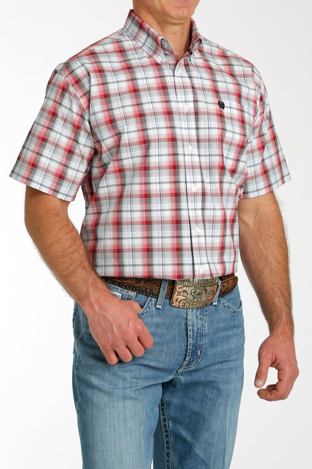 CINCH Men's Red and White Plaid Short Sleeve Button-Down Western Shirt