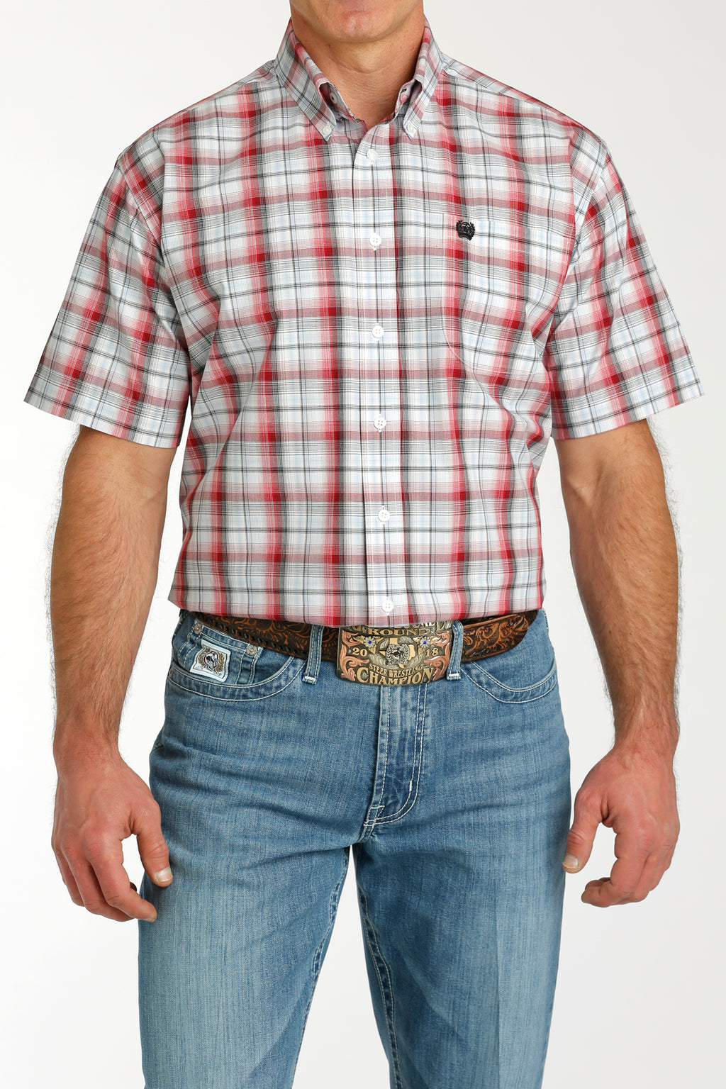 CINCH Men's Red and White Plaid Short Sleeve Button-Down Western Shirt