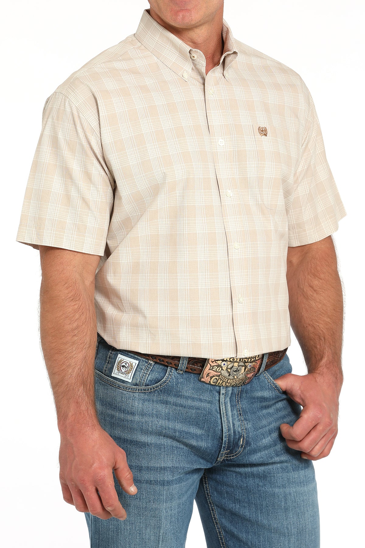 CINCH Men's Khaki Plaid Short Sleeve Button-Down Western Shirt