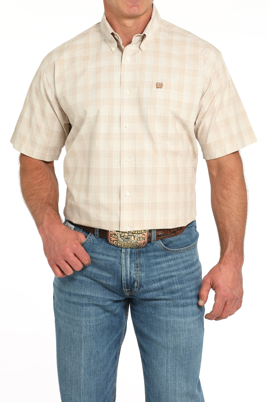 CINCH Men's Khaki Plaid Short Sleeve Button-Down Western Shirt