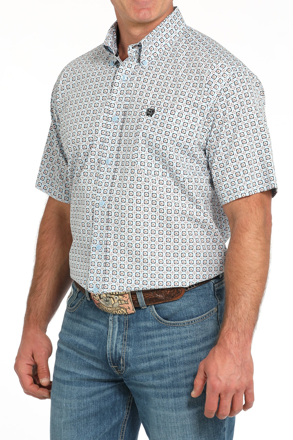 CINCH Men's Light Blue Printed Short Sleeve Button-Down Western Shirt