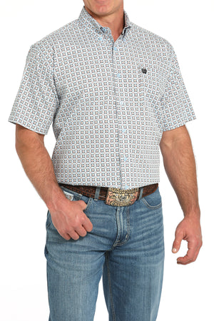 CINCH Men's Light Blue Printed Short Sleeve Button-Down Western Shirt