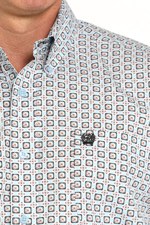 CINCH Men's Light Blue Printed Short Sleeve Button-Down Western Shirt