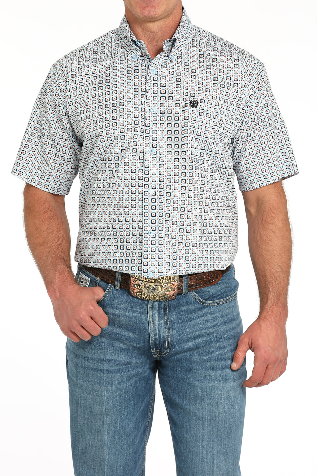 CINCH Men's Light Blue Printed Short Sleeve Button-Down Western Shirt