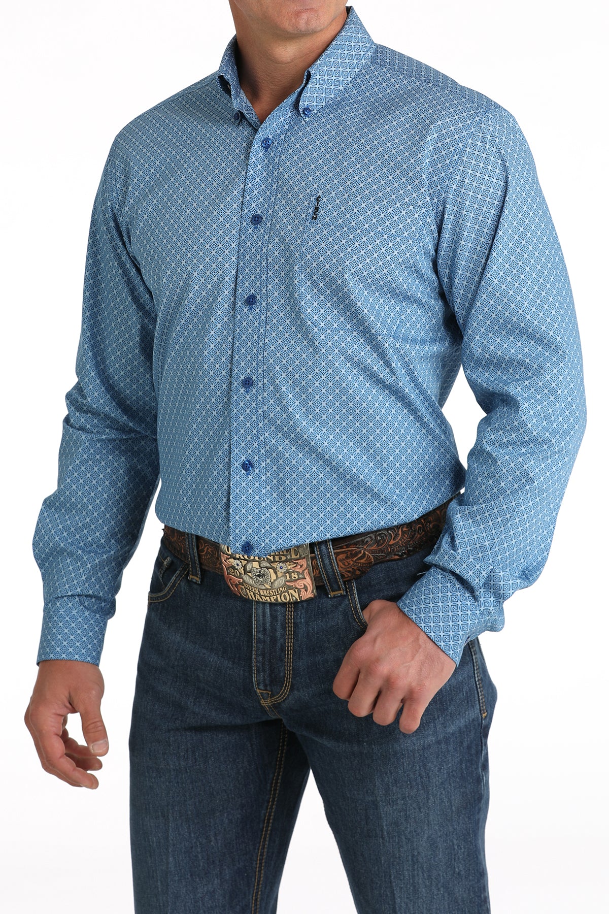 CINCH Men's Royal Blue Modern Fit Print Button-Down Shirt