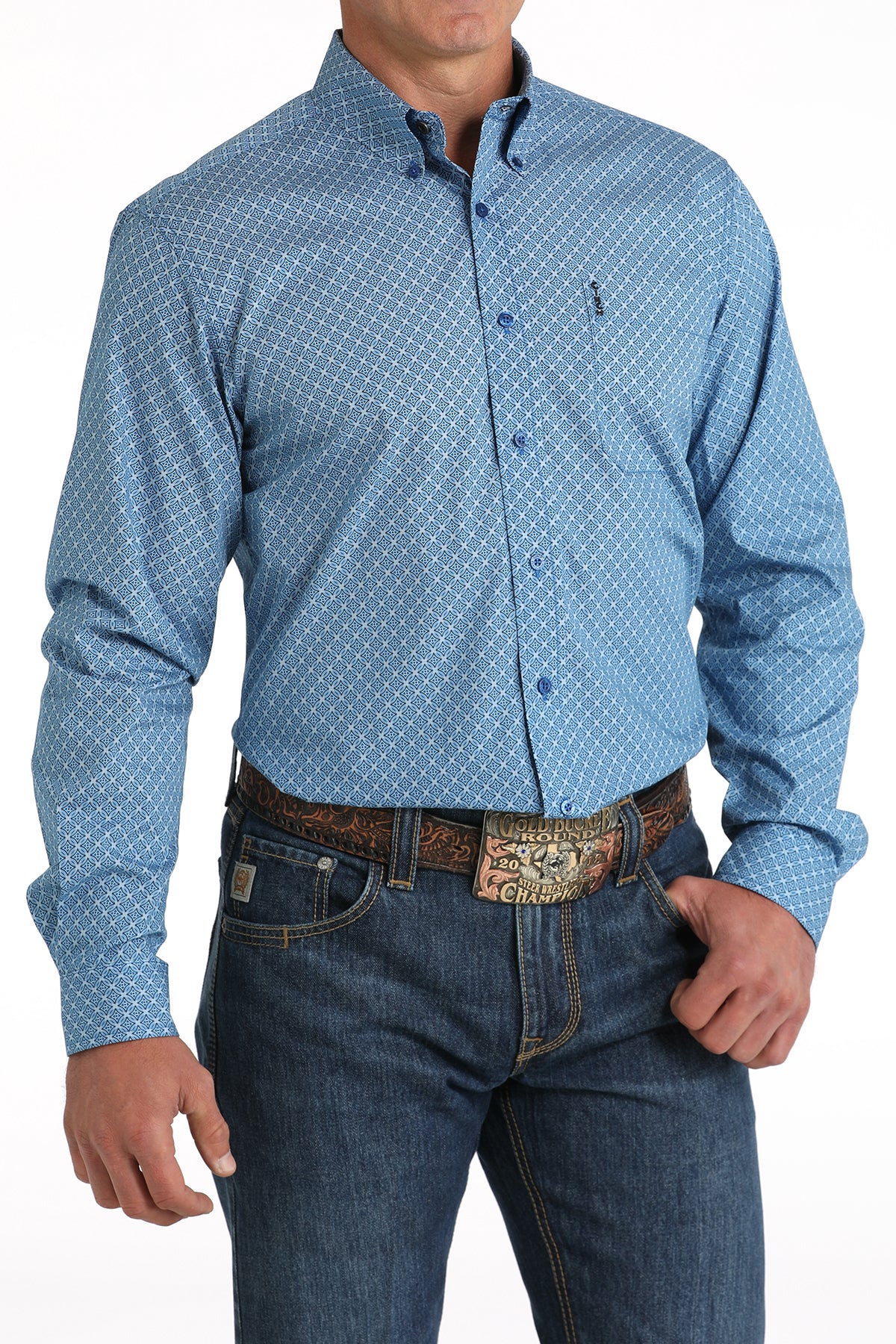 CINCH Men's Royal Blue Modern Fit Print Button-Down Shirt