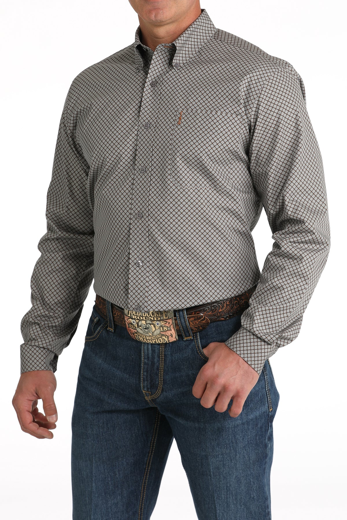 CINCH Men's Grey Modern Fit Print Button-Down Shirt