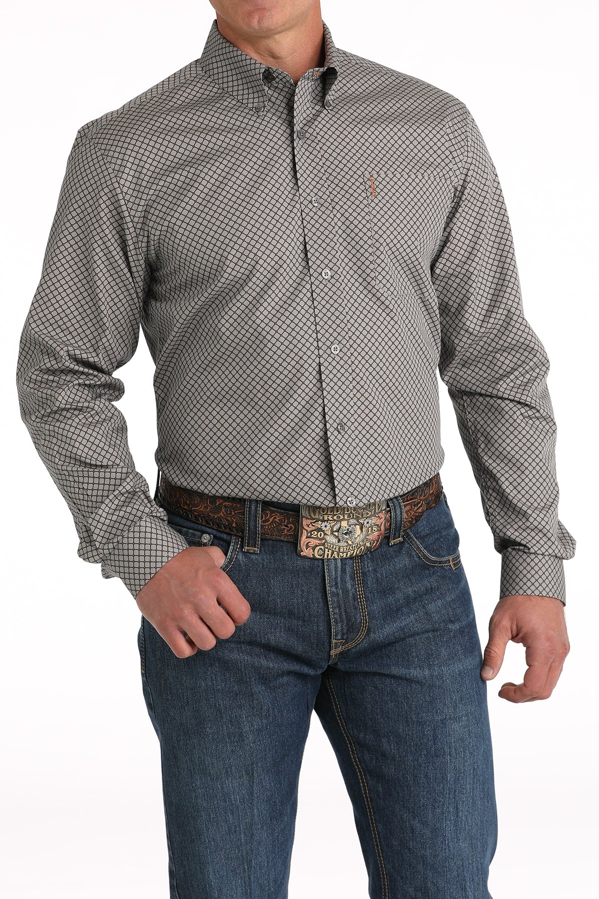 CINCH Men's Grey Modern Fit Print Button-Down Shirt