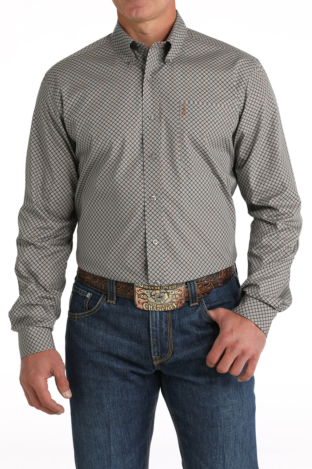 CINCH Men's Grey Modern Fit Print Button-Down Shirt