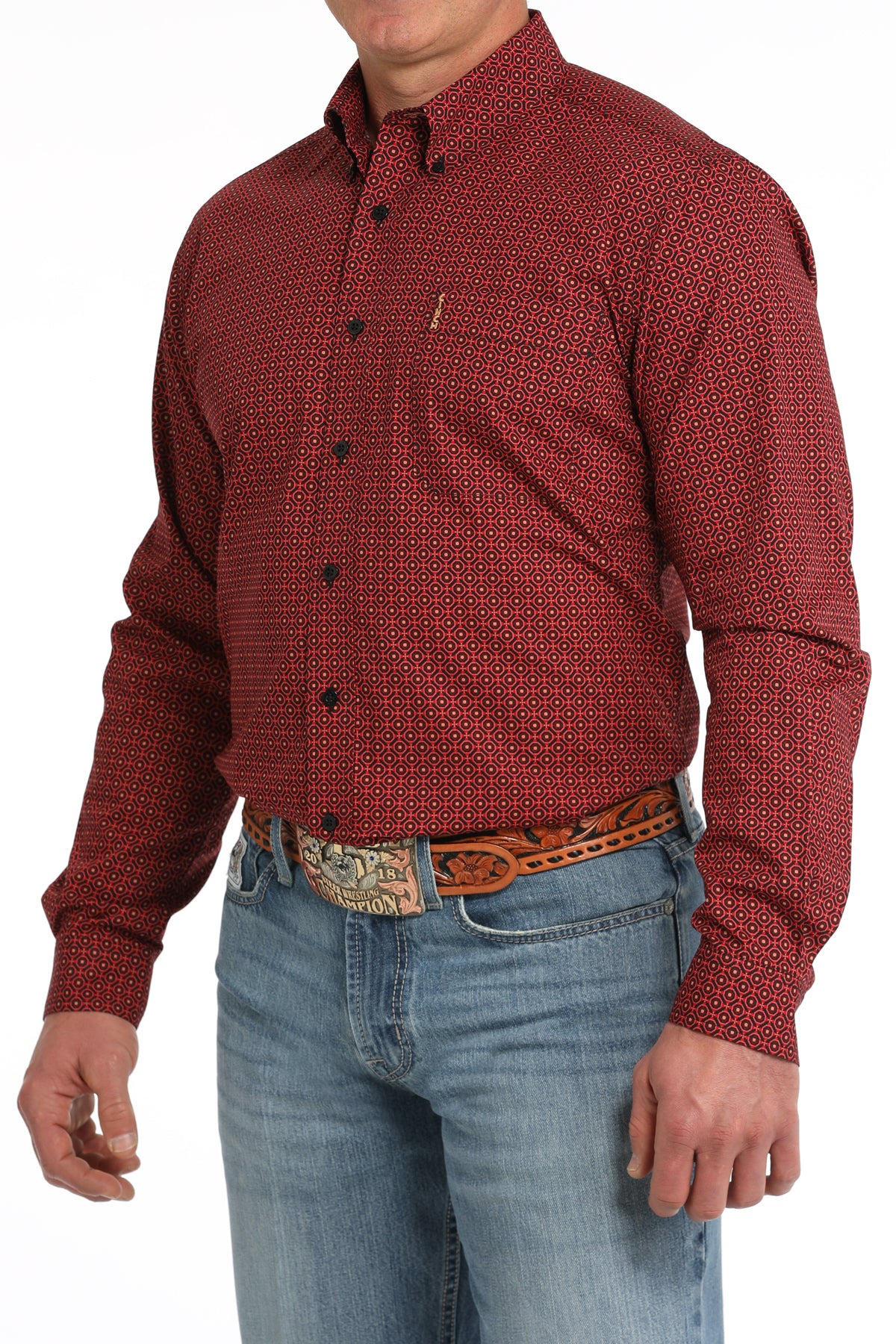 CINCH Men's Red Modern Fit Print Button-Down Shirt