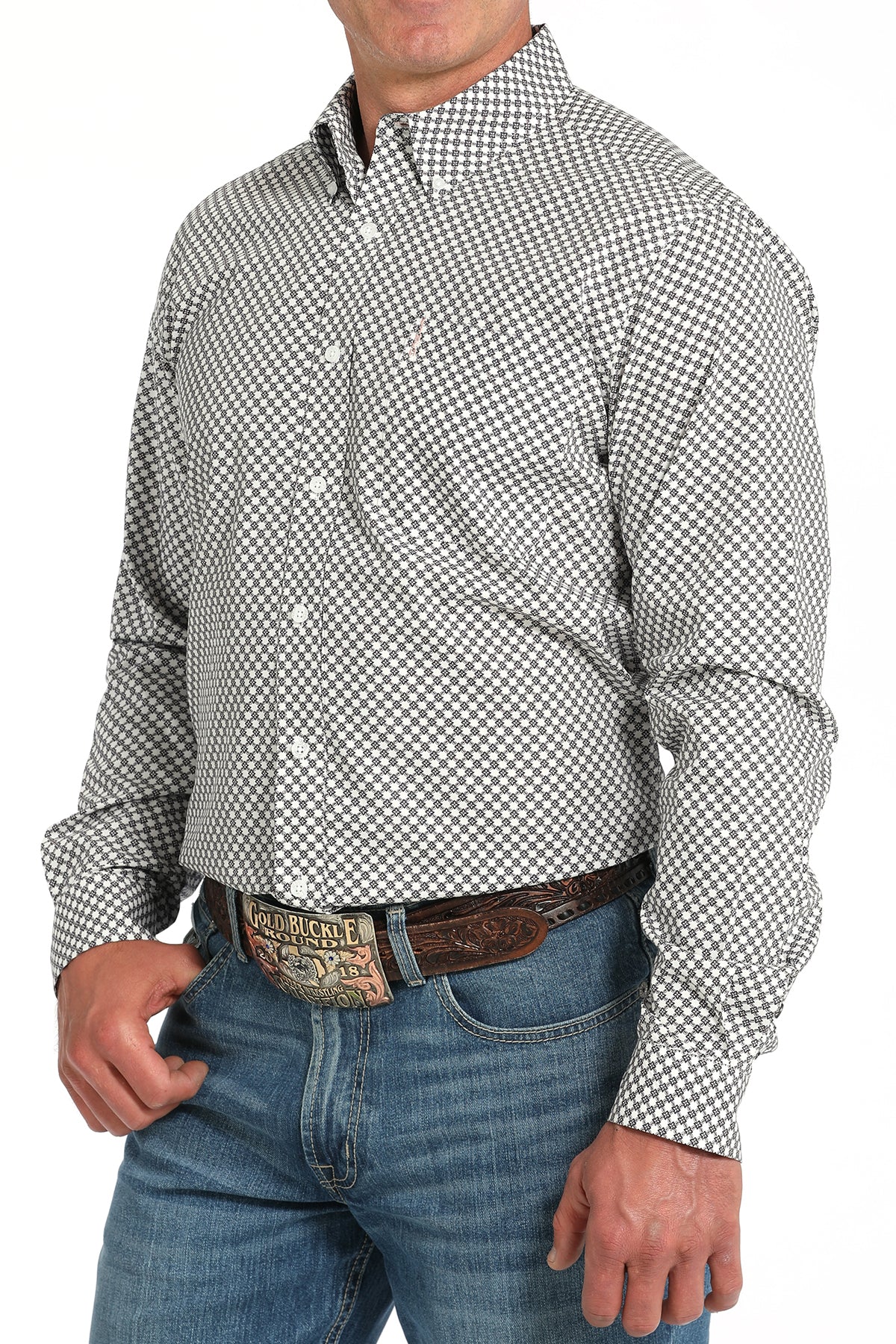 CINCH Men's White Modern Fit Brown Button-Down Shirt