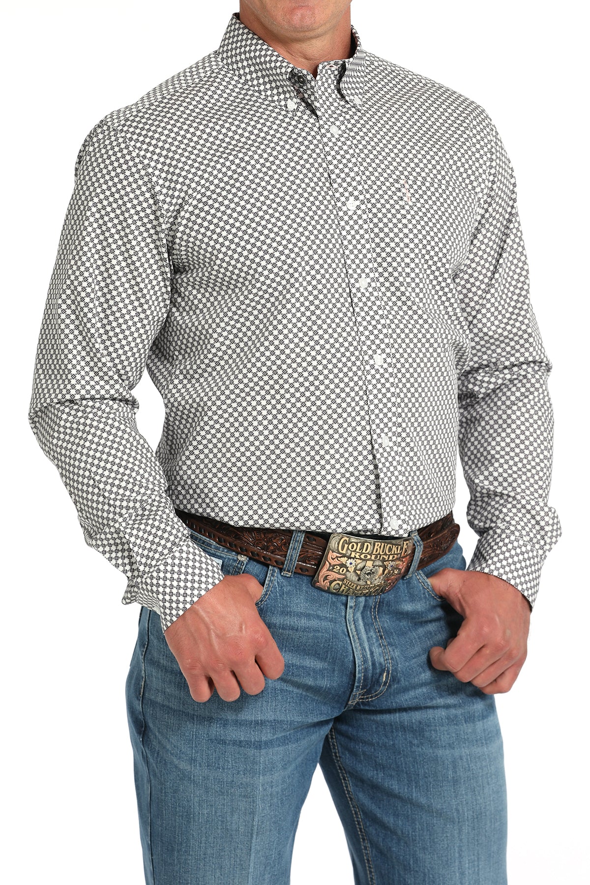 CINCH Men's White Modern Fit Brown Button-Down Shirt