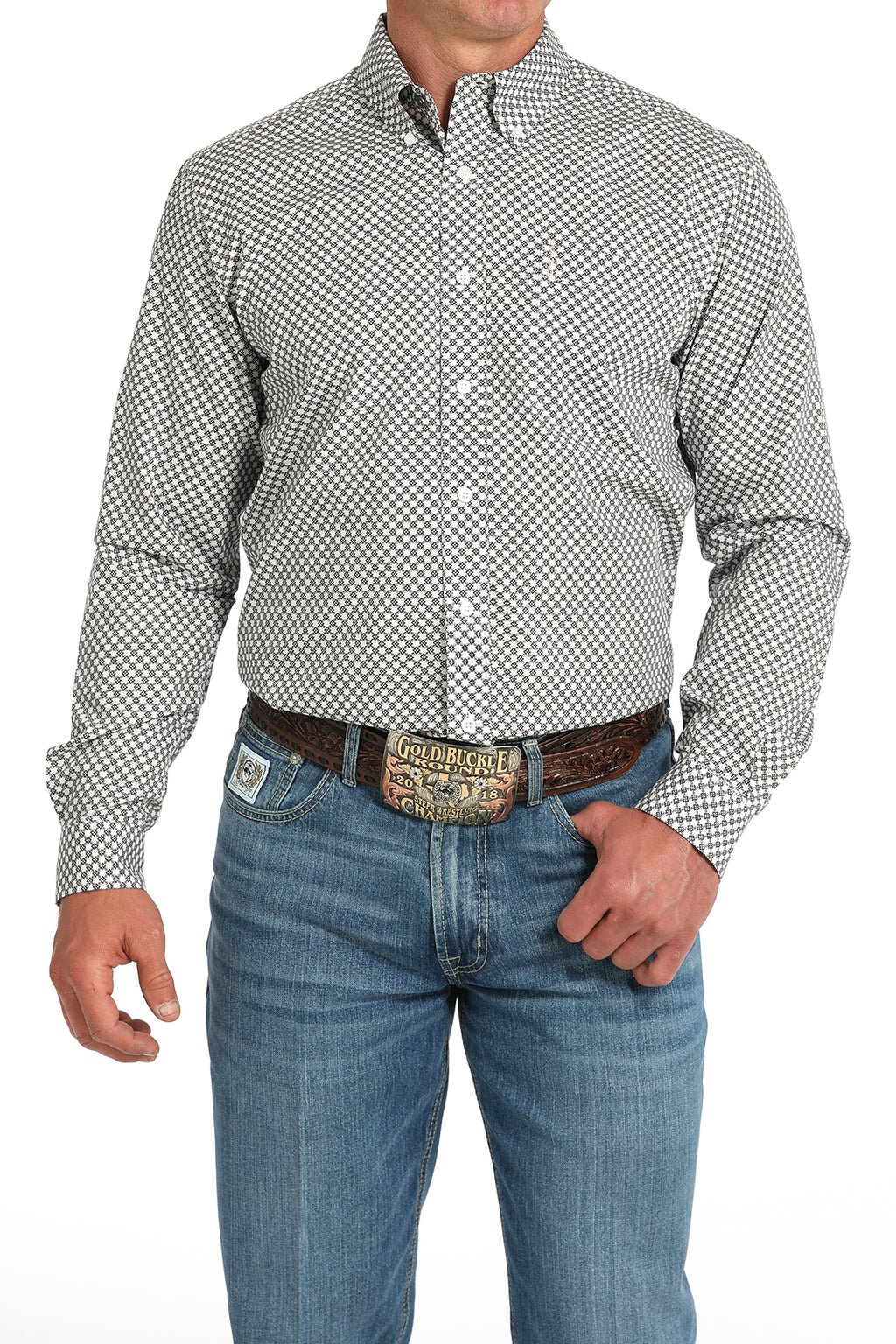 CINCH Men's White Modern Fit Brown Button-Down Shirt