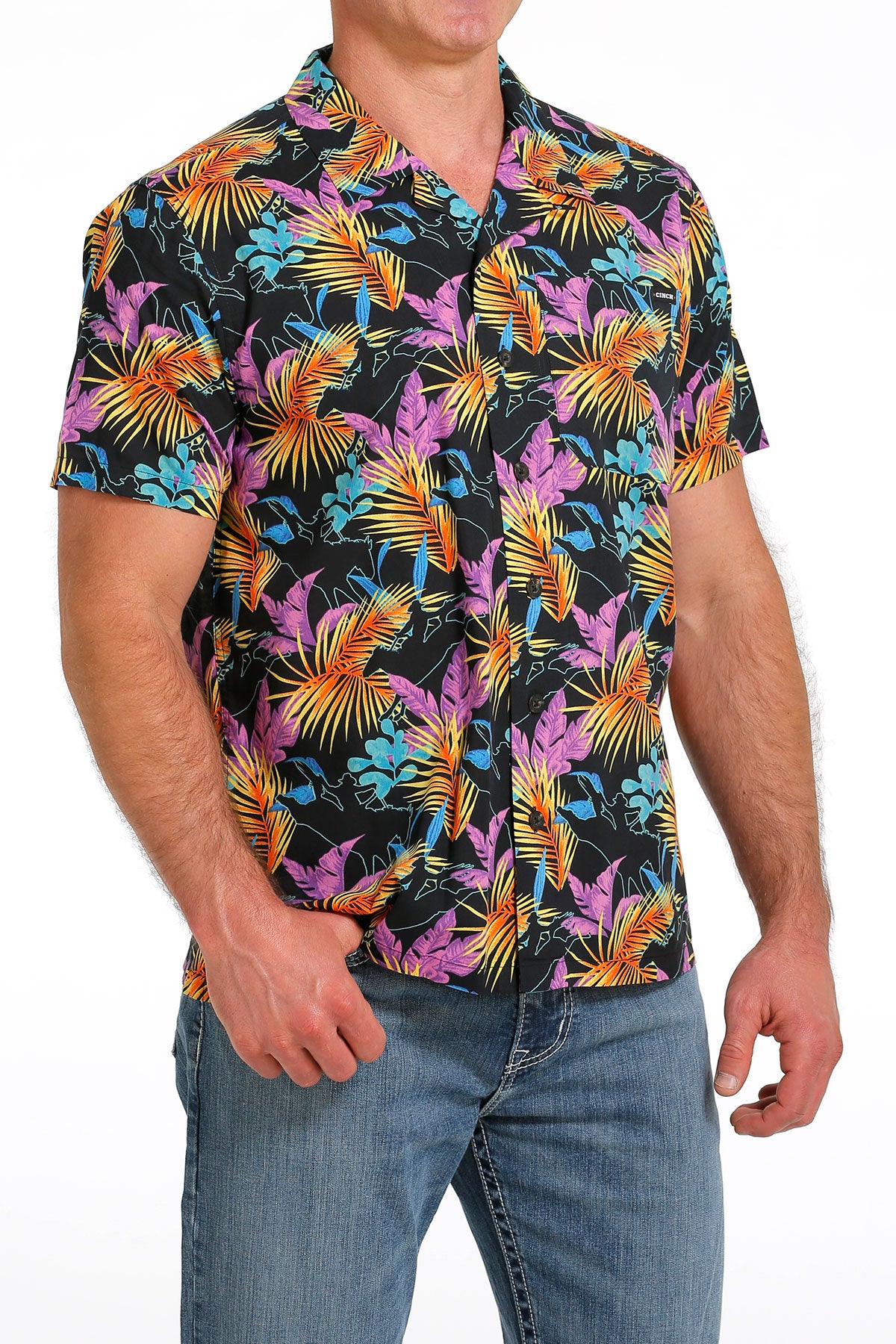 CINCH Men's Black Camp Hawaiian Short Sleeve Button-Down Western Shirt