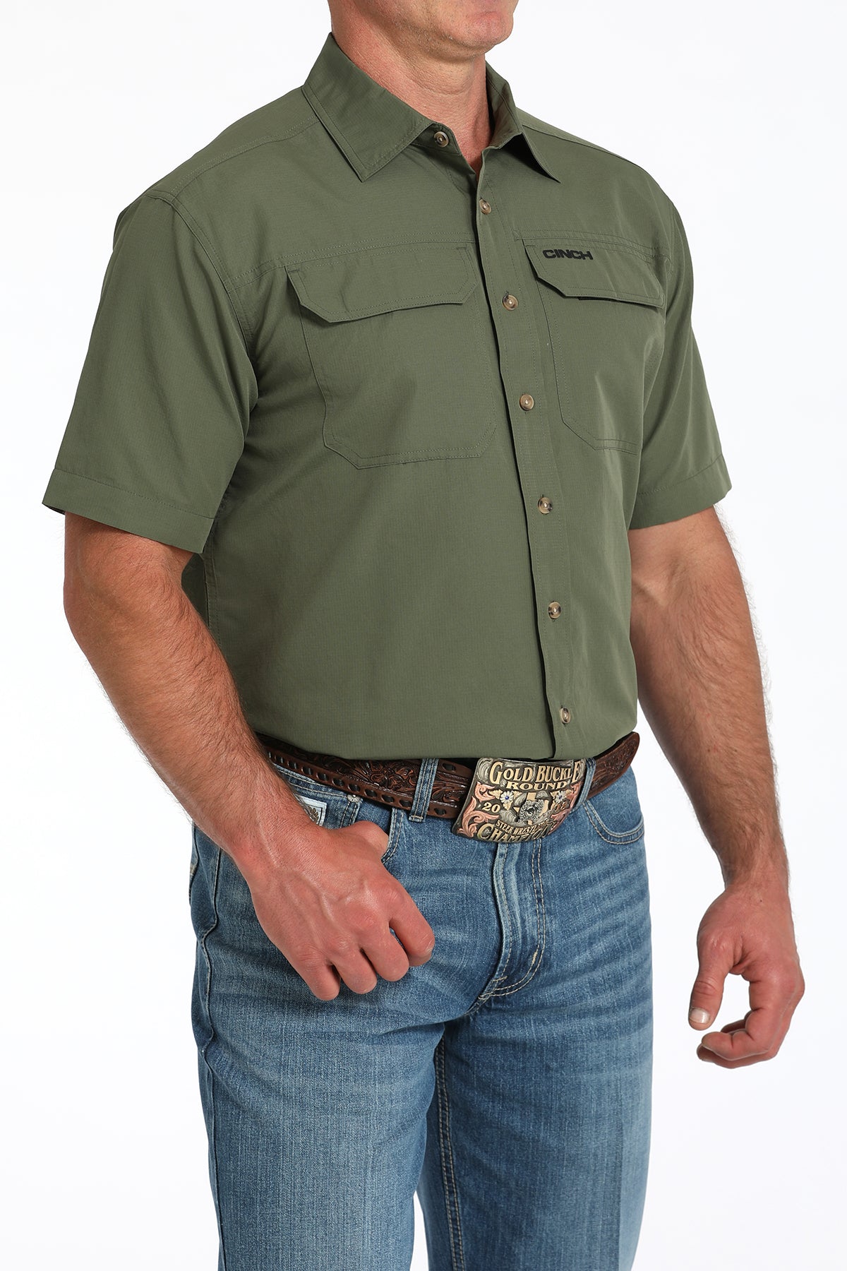 CINCH Men's Solid Olive S/S ARENAFLEX Western Button-Down Shirt